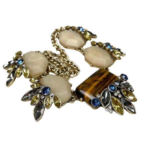 Statement Necklace Faux Stone, Tiger Eye and Rhinestones With Gold Tone Chain - Picture 2 of 9